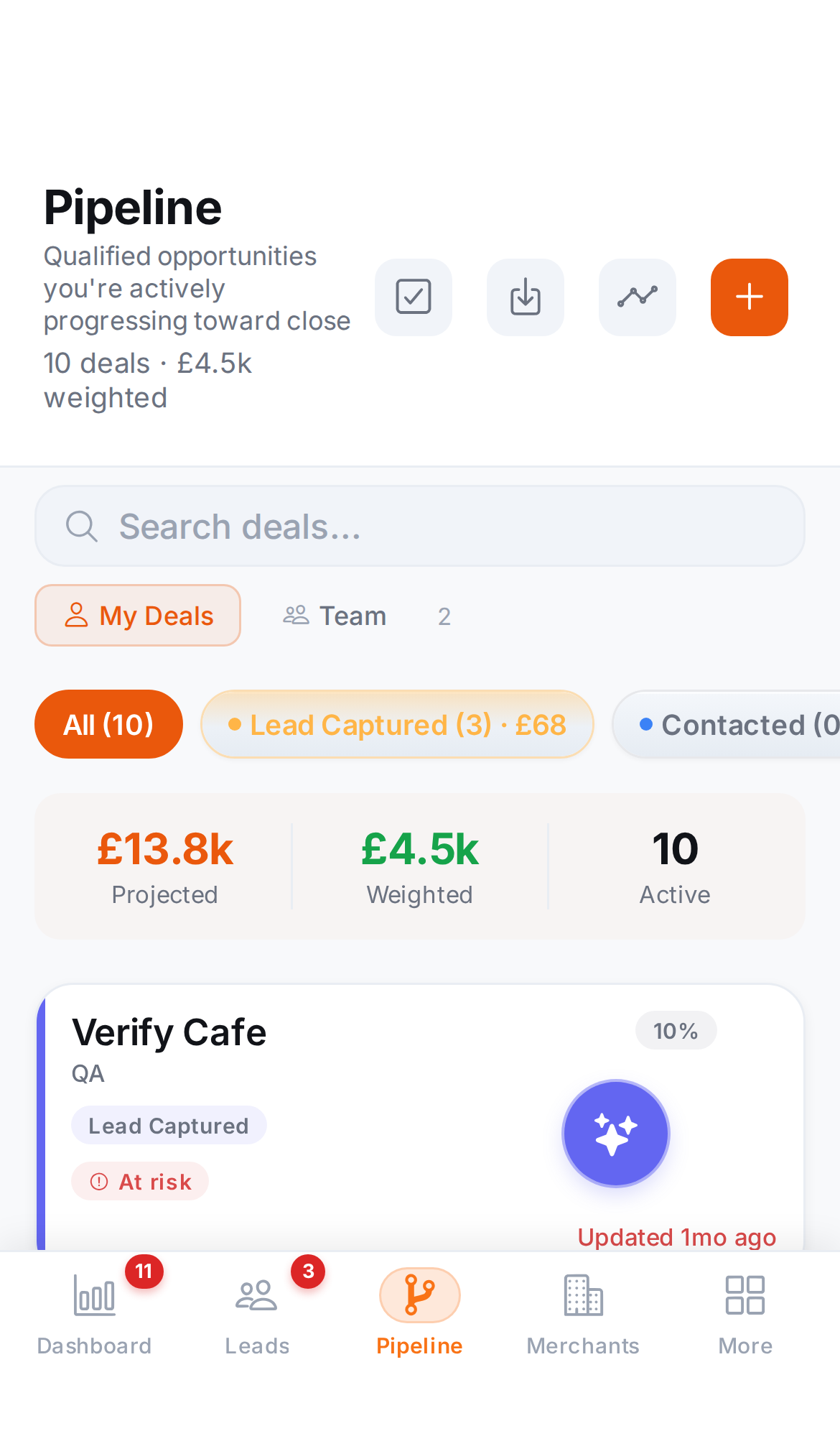 Closerr deal pipeline organised by stage