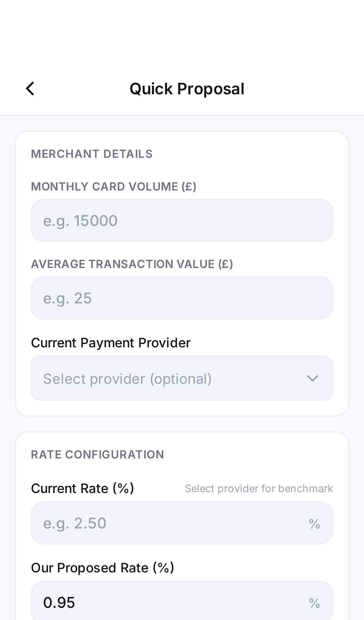 Closerr proposal builder showing a merchant savings breakdown