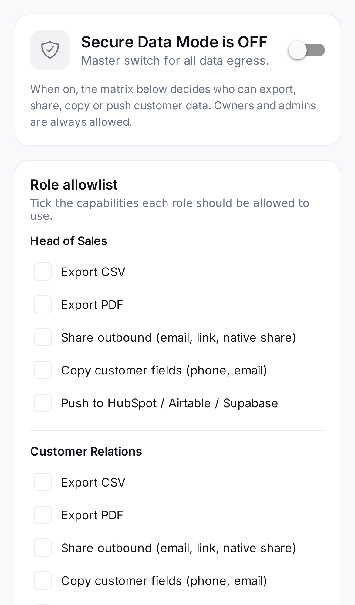 Closerr Secure Data Mode controls