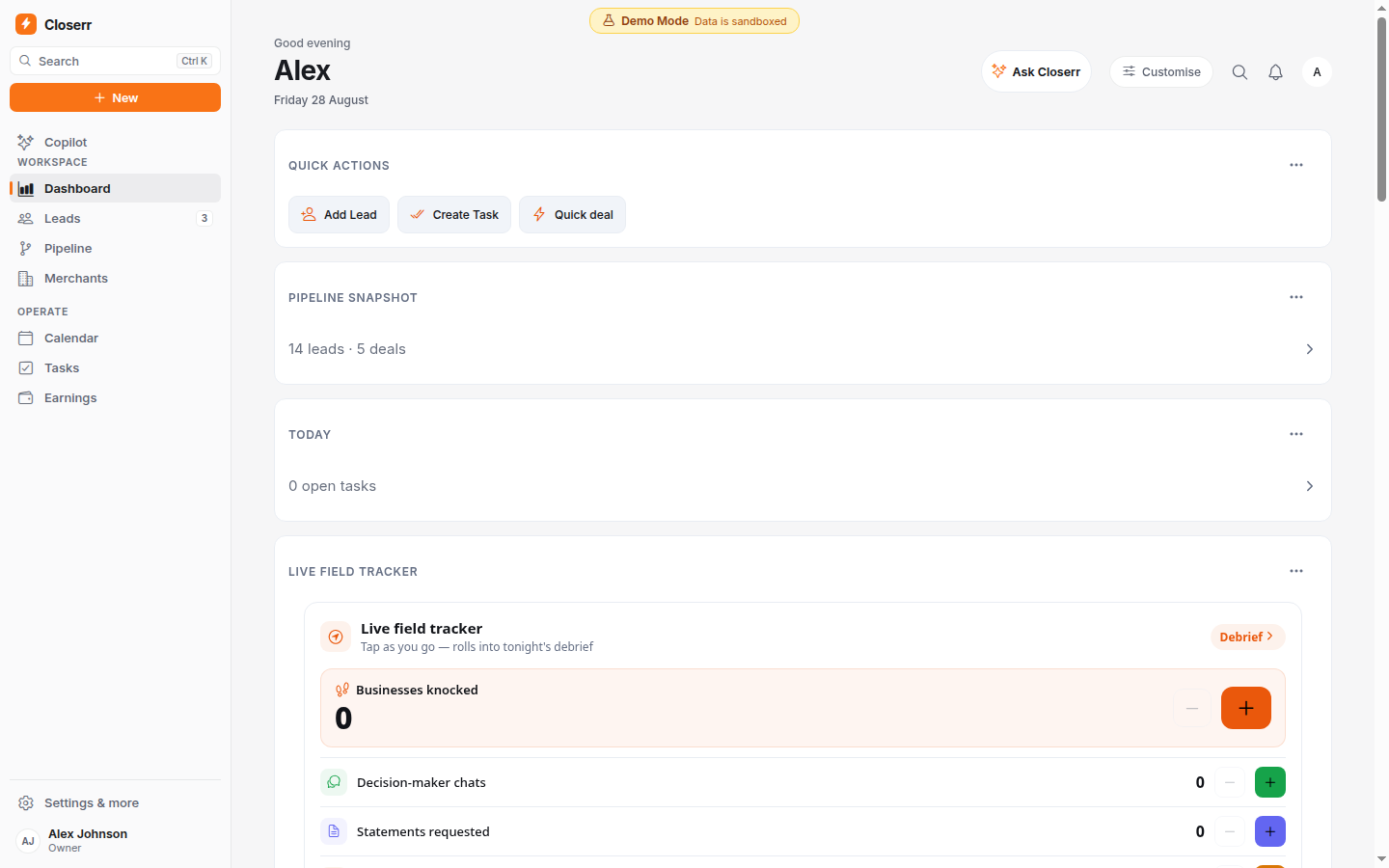 Closerr command centre dashboard showing merchant services activity